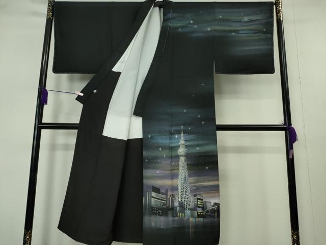 平和屋本店●極上　男性　訪問着 希少柄　スカイツリー 東京タワー 夜景　スパンコール　黒地　暈し染め　銀彩　逸品　未使用　DZAB7395kh6