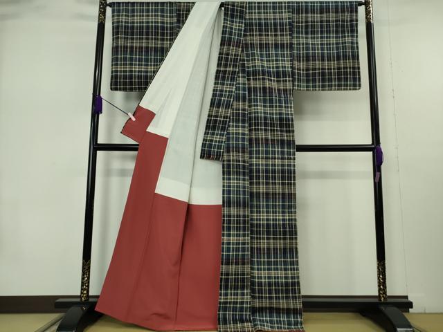 平和屋本店●極上　郡上紬　草木染　変わり格子　逸品　DZAB7401kh6