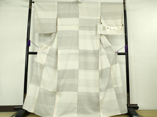 平和屋本店▽極上　縮屋六代　樋口隆司　小千谷紬　単衣　紬ちりめん　雪肌市松　樋口織工藝社謹製　証紙付き　逸品　DZAB7408kh6