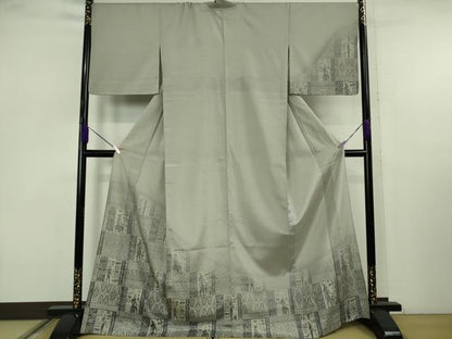 平和屋本店▽極上　本塩沢　訪問着　単衣　エジプト壁画文様　利休白茶色地　染の近江謹製　逸品　DZAB7417kh6