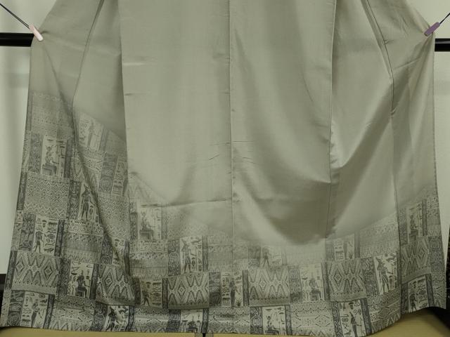 平和屋本店▽極上　本塩沢　訪問着　単衣　エジプト壁画文様　利休白茶色地　染の近江謹製　逸品　DZAB7417kh6