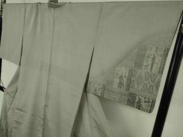 平和屋本店▽極上　本塩沢　訪問着　単衣　エジプト壁画文様　利休白茶色地　染の近江謹製　逸品　DZAB7417kh6