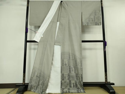 平和屋本店▽極上　本塩沢　訪問着　単衣　エジプト壁画文様　利休白茶色地　染の近江謹製　逸品　DZAB7417kh6