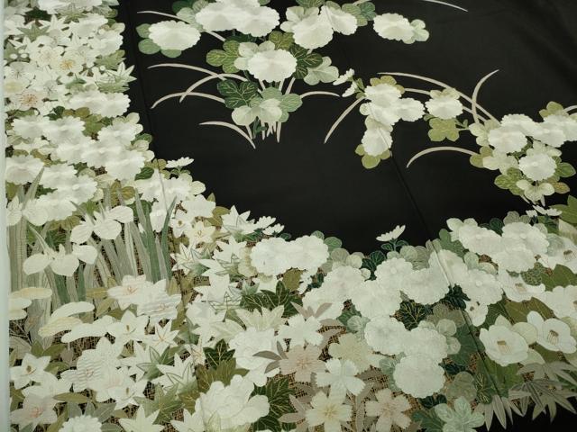 平和屋本店●極上　黒留袖・長襦袢(袷)セット　総刺繍　草花文　金糸　逸品　DZAB7428kh6