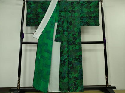 平和屋本店▽極上　前田仁仙　仁仙更紗　小紋　単衣　仁仙花布　鬼しぼ縮緬　反端付き　逸品　DZAB7438kh6