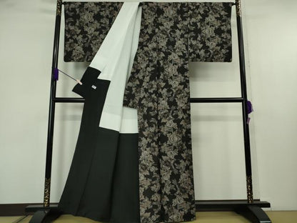 平和屋本店●極上　本場大島紬　割り込み絣　草花文　黒地　逸品　DZAB7441kh6