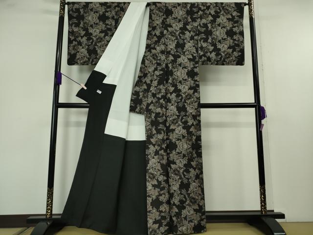 平和屋本店●極上　本場大島紬　割り込み絣　草花文　黒地　逸品　DZAB7441kh6