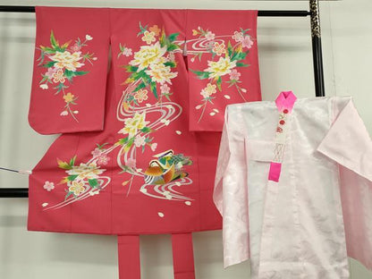 平和屋本店[]希少　京加賀友禅　百貫石峰 　七五三　女の子　3歳　祝着・襦袢(袷)セット　鴛鴦花文　臙脂色地　逸品　DZAB7444kh6