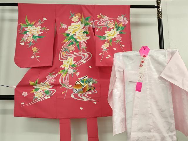 平和屋本店[]希少　京加賀友禅　百貫石峰 　七五三　女の子　3歳　祝着・襦袢(袷)セット　鴛鴦花文　臙脂色地　逸品　DZAB7444kh6