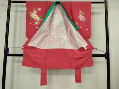 平和屋本店[]希少　京加賀友禅　百貫石峰 　七五三　女の子　3歳　祝着・襦袢(袷)セット　鴛鴦花文　臙脂色地　逸品　DZAB7444kh6