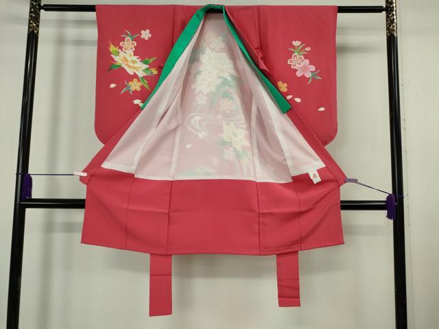 平和屋本店[]希少　京加賀友禅　百貫石峰 　七五三　女の子　3歳　祝着・襦袢(袷)セット　鴛鴦花文　臙脂色地　逸品　DZAB7444kh6