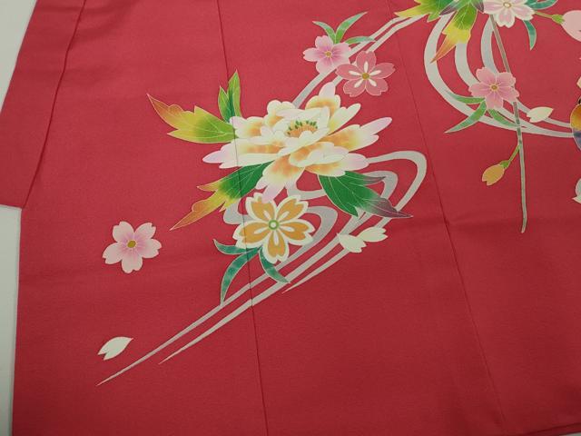平和屋本店[]希少　京加賀友禅　百貫石峰 　七五三　女の子　3歳　祝着・襦袢(袷)セット　鴛鴦花文　臙脂色地　逸品　DZAB7444kh6