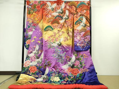 平和屋本店●極上　中国三大刺繍 相良刺繍　総手刺繍　色打掛　和装　婚礼　結婚式　花嫁　飛鶴松花文　暈し染め　金糸　逸品　DZAB7447kh6