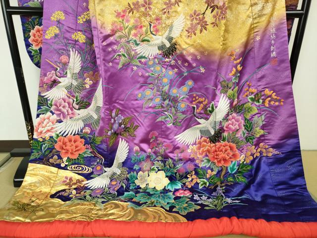 平和屋本店●極上　中国三大刺繍 相良刺繍　総手刺繍　色打掛　和装　婚礼　結婚式　花嫁　飛鶴松花文　暈し染め　金糸　逸品　DZAB7447kh6
