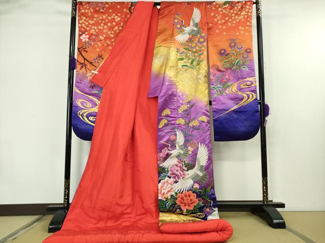 平和屋本店●極上　中国三大刺繍 相良刺繍　総手刺繍　色打掛　和装　婚礼　結婚式　花嫁　飛鶴松花文　暈し染め　金糸　逸品　DZAB7447kh6