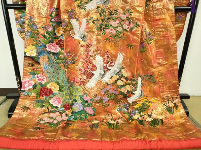 平和屋本店●極上　中国三大刺繍　相良刺繍　色打掛　和装　婚礼　結婚式　花嫁　神社挙式　孔雀飛鶴吉祥花文　金糸　逸品　DZAB7448kh6