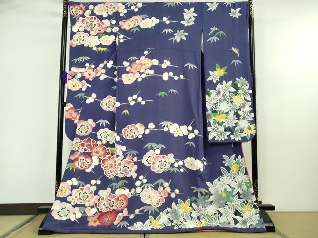 平和屋本店●希少 お引きずり・お引き摺り・引き振袖 和装 結婚式 舞妓 芸妓 芸者 衣装 友禅 作家物　吉祥花文　紺藍色　逸品　DZAB7450kh6