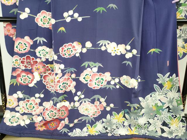 平和屋本店●希少 お引きずり・お引き摺り・引き振袖 和装 結婚式 舞妓 芸妓 芸者 衣装 友禅 作家物　吉祥花文　紺藍色　逸品　DZAB7450kh6