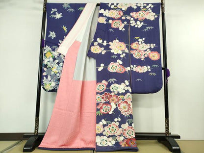 平和屋本店●希少 お引きずり・お引き摺り・引き振袖 和装 結婚式 舞妓 芸妓 芸者 衣装 友禅 作家物　吉祥花文　紺藍色　逸品　DZAB7450kh6