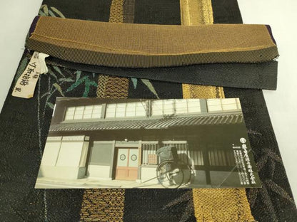 平和屋着物●極上　創業280年　誉田屋源兵衛　両面　太鼓柄袋帯　竹取物語　狩猟文　黒地　金糸　上代150万　反端付　逸品　DZAB7452kh6