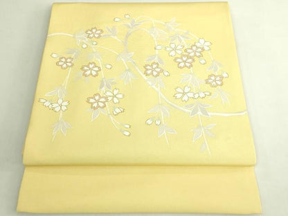 平和屋着物●極上　塩瀬　九寸開き名古屋帯　枝垂れ桜　金彩　淡黄色地　逸品　DZAB7456kh6