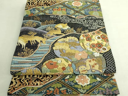 平和屋本店●極上　銀座きしや　中国三大刺繍　スワトウ相良刺繍　総刺繍　絽刺し　袋帯　動物花文　黒地　金糸　逸品　DZAB7460kh6