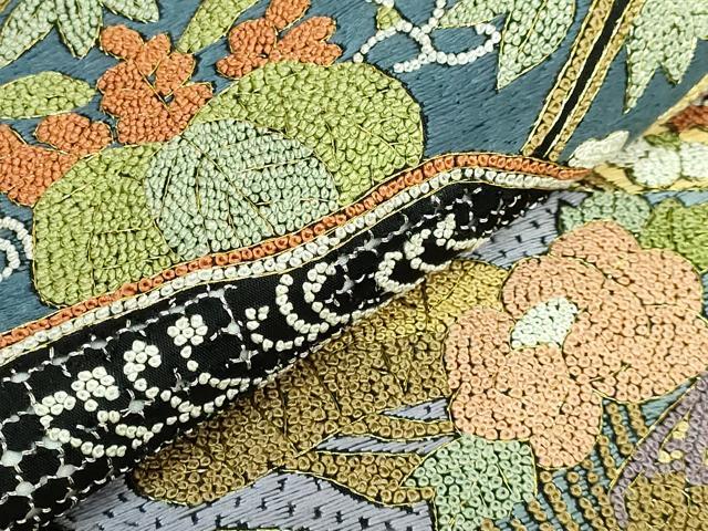 平和屋本店●極上　銀座きしや　中国三大刺繍　スワトウ相良刺繍　総刺繍　絽刺し　袋帯　動物花文　黒地　金糸　逸品　DZAB7460kh6