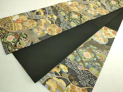 平和屋本店●極上　銀座きしや　中国三大刺繍　スワトウ相良刺繍　総刺繍　絽刺し　袋帯　動物花文　黒地　金糸　逸品　DZAB7460kh6