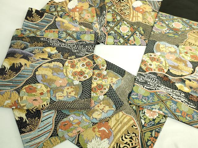 平和屋本店●極上　銀座きしや　中国三大刺繍　スワトウ相良刺繍　総刺繍　絽刺し　袋帯　動物花文　黒地　金糸　逸品　DZAB7460kh6