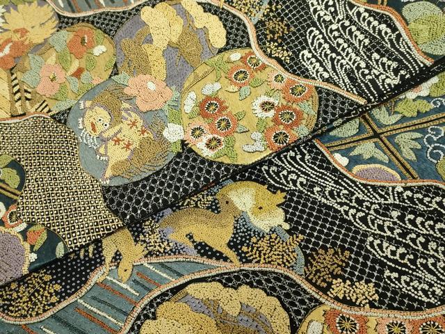平和屋本店●極上　銀座きしや　中国三大刺繍　スワトウ相良刺繍　総刺繍　絽刺し　袋帯　動物花文　黒地　金糸　逸品　DZAB7460kh6