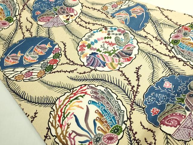 平和屋本店●最高級　城間栄順　本場琉球紅型　九寸名古屋帯　窓絵　雪輪魚絵図　鬼しぼ縮緬　やまと誂製　逸品　DZAB7461kh6