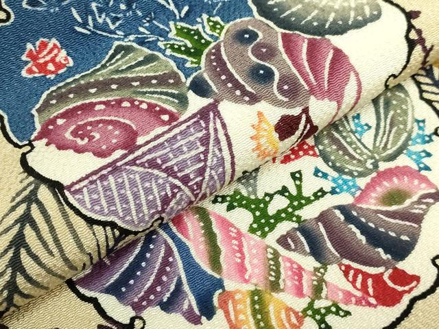 平和屋本店●最高級　城間栄順　本場琉球紅型　九寸名古屋帯　窓絵　雪輪魚絵図　鬼しぼ縮緬　やまと誂製　逸品　DZAB7461kh6