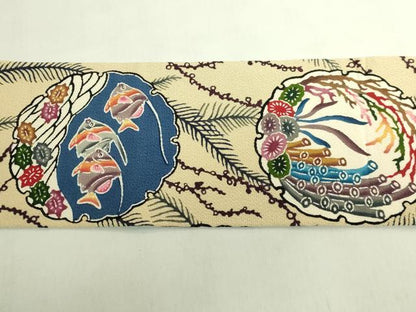 平和屋本店●最高級　城間栄順　本場琉球紅型　九寸名古屋帯　窓絵　雪輪魚絵図　鬼しぼ縮緬　やまと誂製　逸品　DZAB7461kh6
