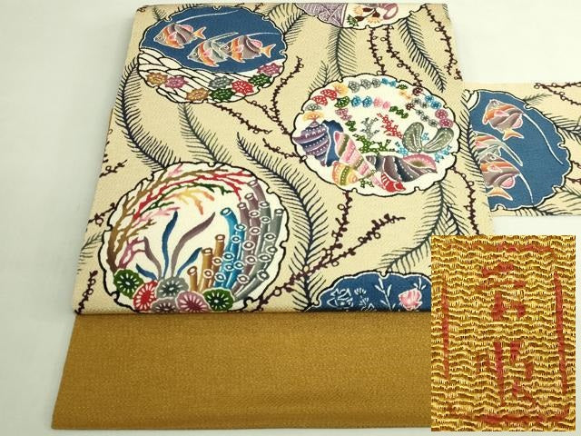 平和屋本店●最高級　城間栄順　本場琉球紅型　九寸名古屋帯　窓絵　雪輪魚絵図　鬼しぼ縮緬　やまと誂製　逸品　DZAB7461kh6