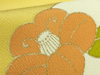 平和屋本店●極上　銀座　志ま亀　九寸名古屋帯　地紙花文　金彩　鬼しぼ縮緬　刈安色地　たとう紙付き　逸品　DZAB7464kh6