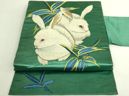 平和屋本店●極上　アンティーク　大正ロマン　九寸名古屋帯　総手刺繍　白兎　緑青色地　逸品　DZAB7465kh6