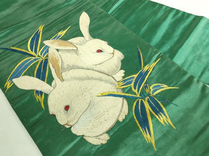 平和屋本店●極上　アンティーク　大正ロマン　九寸名古屋帯　総手刺繍　白兎　緑青色地　逸品　DZAB7465kh6