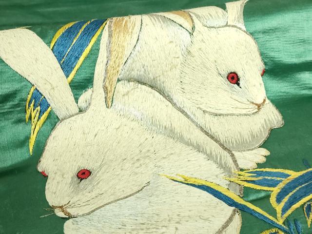 平和屋本店●極上　アンティーク　大正ロマン　九寸名古屋帯　総手刺繍　白兎　緑青色地　逸品　DZAB7465kh6