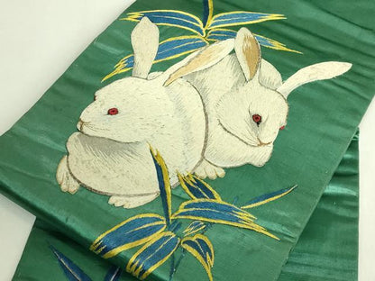 平和屋本店●極上　アンティーク　大正ロマン　九寸名古屋帯　総手刺繍　白兎　緑青色地　逸品　DZAB7465kh6