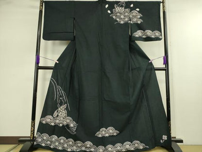 平和屋着物∴極上　夏物　浴衣　有松鳴海絞り　鯉の滝昇り　黒地　綿　逸品　DZAB7482kh6