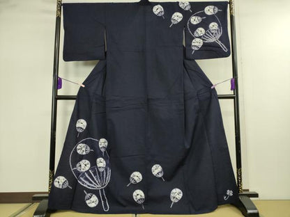 平和屋着物∴極上　夏物　浴衣　有松鳴海絞り　団扇　紺色地　綿　逸品　DZAB7483kh6