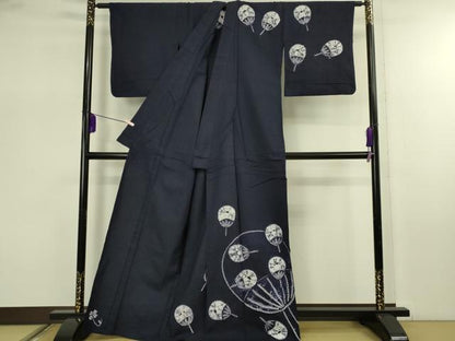平和屋着物∴極上　夏物　浴衣　有松鳴海絞り　団扇　紺色地　綿　逸品　DZAB7483kh6
