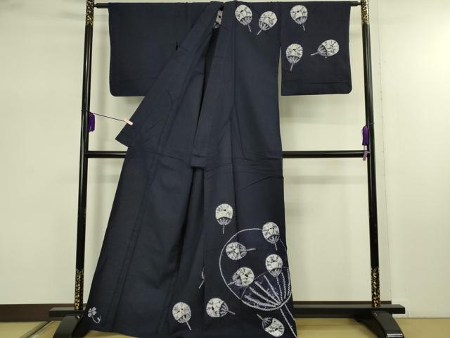 平和屋着物∴極上　夏物　浴衣　有松鳴海絞り　団扇　紺色地　綿　逸品　DZAB7483kh6
