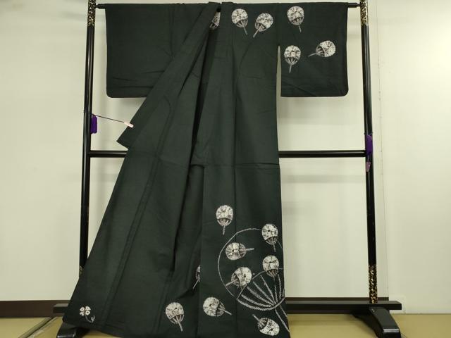 平和屋着物∴極上　夏物　浴衣　有松鳴海絞り　団扇　黒地　綿　逸品　DZAB7484kh6