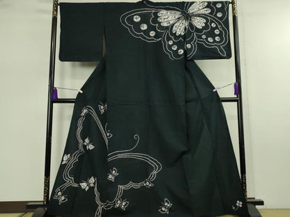 平和屋着物∴極上　夏物　浴衣　有松鳴海絞り　舞蝶文　黒地　綿　逸品　DZAB7485kh6
