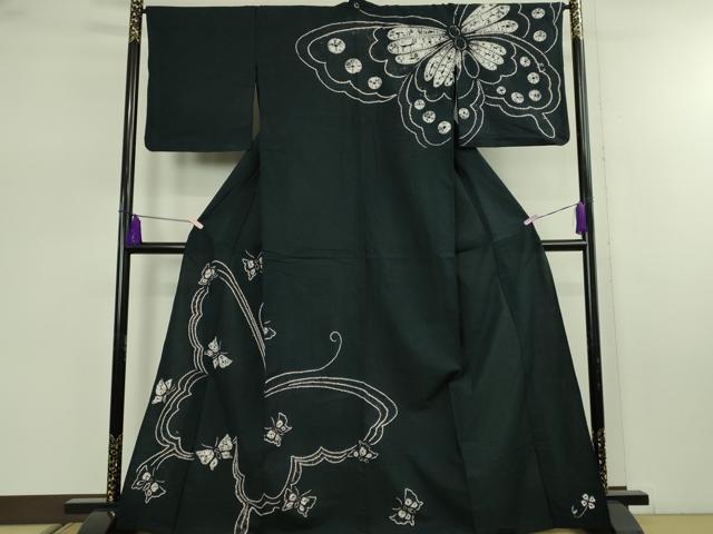 平和屋着物∴極上　夏物　浴衣　有松鳴海絞り　舞蝶文　黒地　綿　逸品　DZAB7485kh6