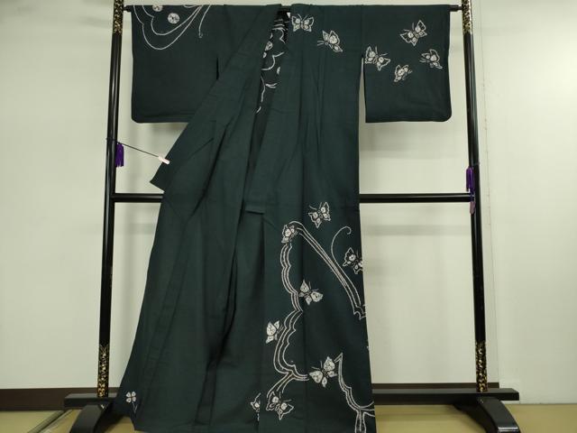 平和屋着物∴極上　夏物　浴衣　有松鳴海絞り　舞蝶文　黒地　綿　逸品　DZAB7485kh6
