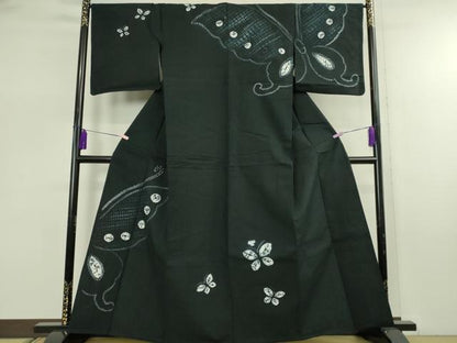 平和屋着物∴極上　夏物　浴衣　有松鳴海絞り　舞蝶文　黒地　綿　逸品　DZAB7486kh6