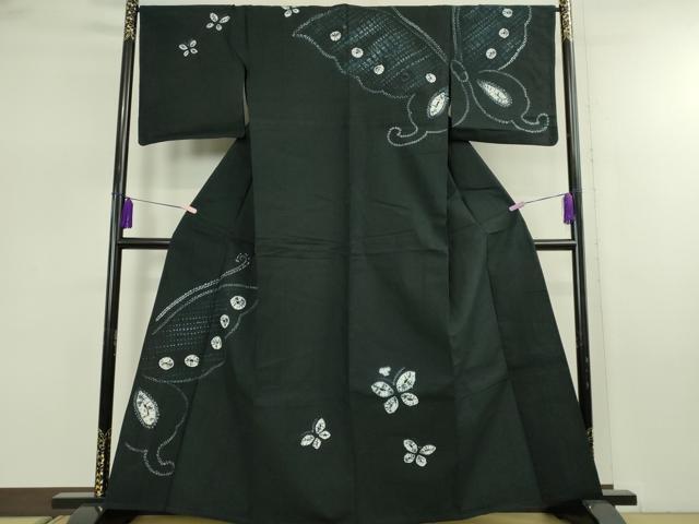 平和屋着物∴極上　夏物　浴衣　有松鳴海絞り　舞蝶文　黒地　綿　逸品　DZAB7486kh6