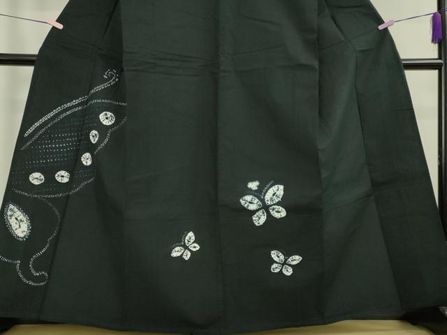 平和屋着物∴極上　夏物　浴衣　有松鳴海絞り　舞蝶文　黒地　綿　逸品　DZAB7486kh6